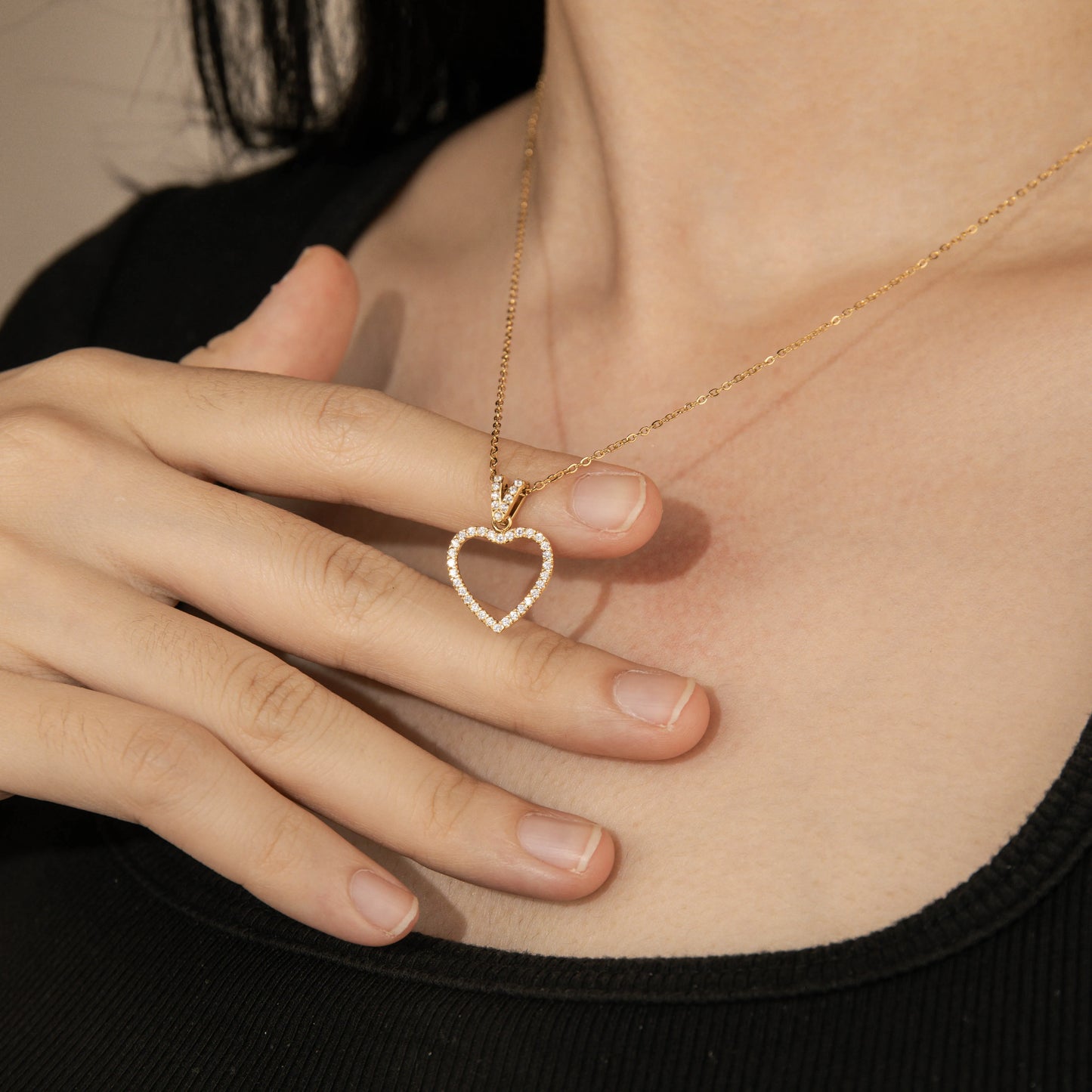 Ajatine open heart pendant necklace, gold cubic zircon open heart necklace for women