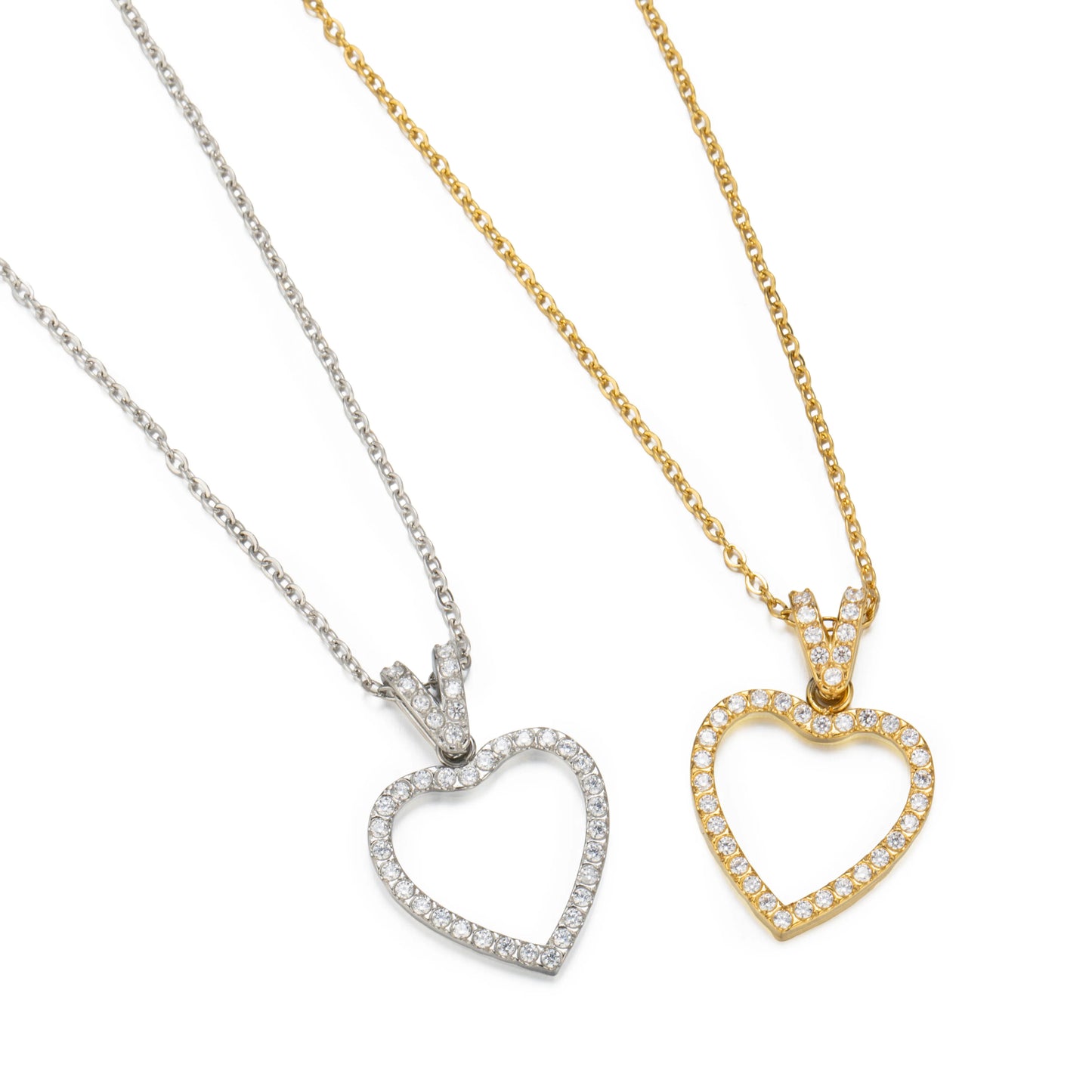 Ajatine open heart pendant necklace, silver and gold cubic zircon open heart necklace for women