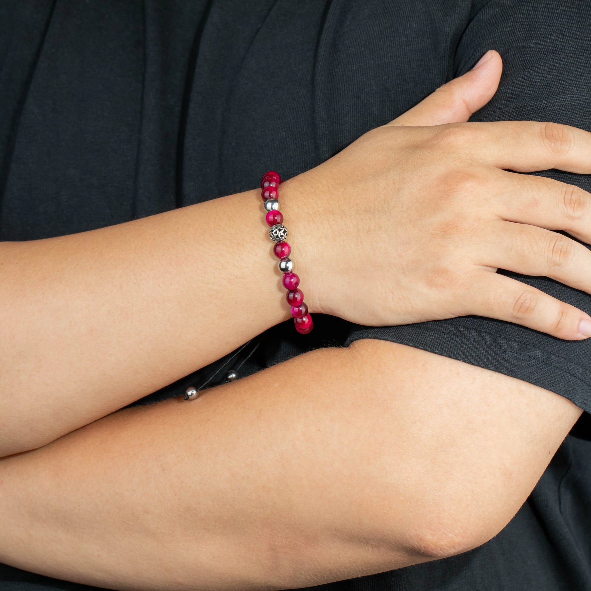 Ajatine pink stone beaded bracelet, adjustable boho jewelry
