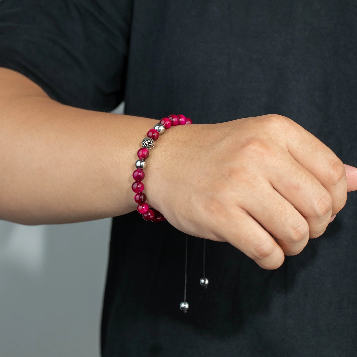 Ajatine pink stone beaded bracelet, adjustable boho jewelry