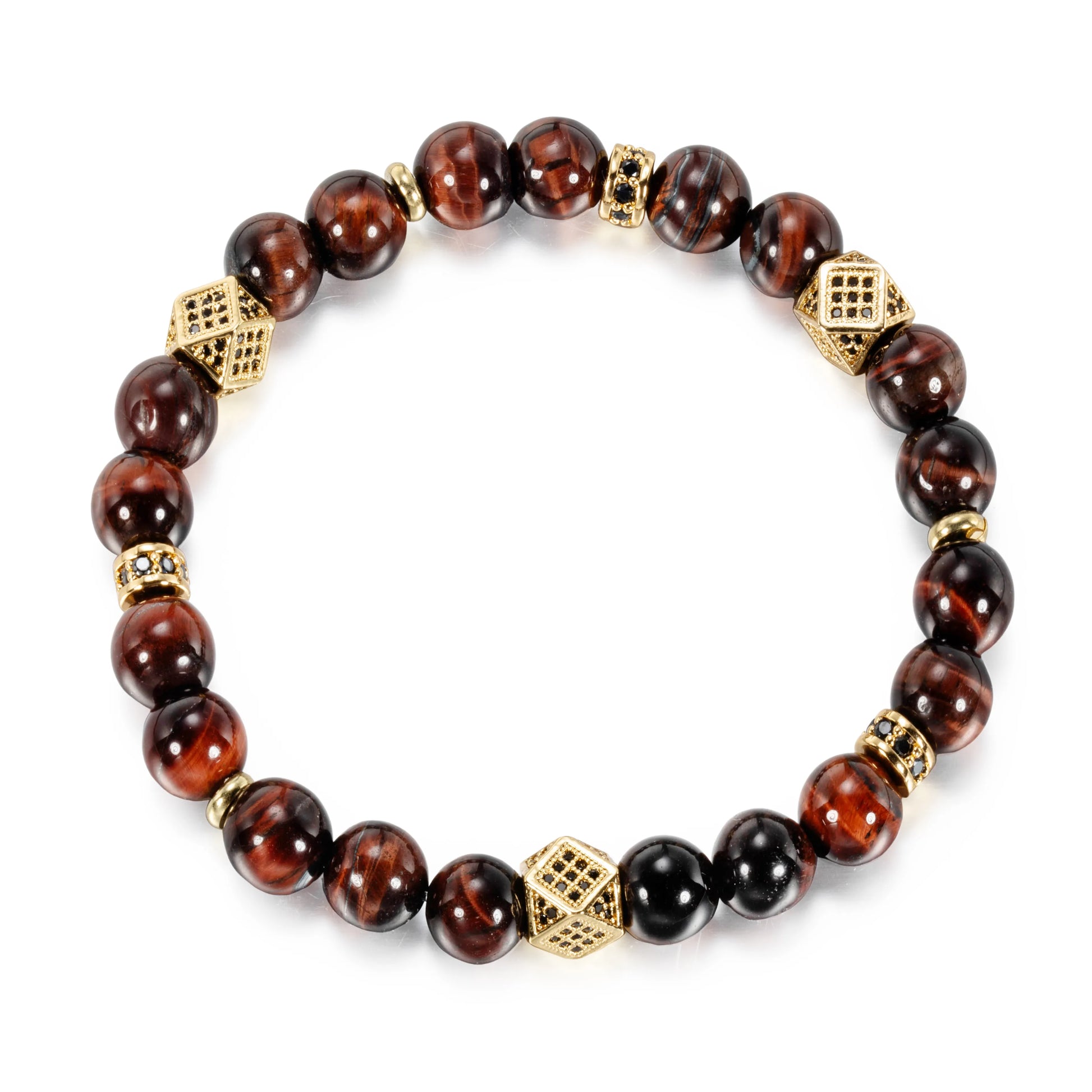 Ajatine red tiger eye natural stone beaded bracelet with gold accents