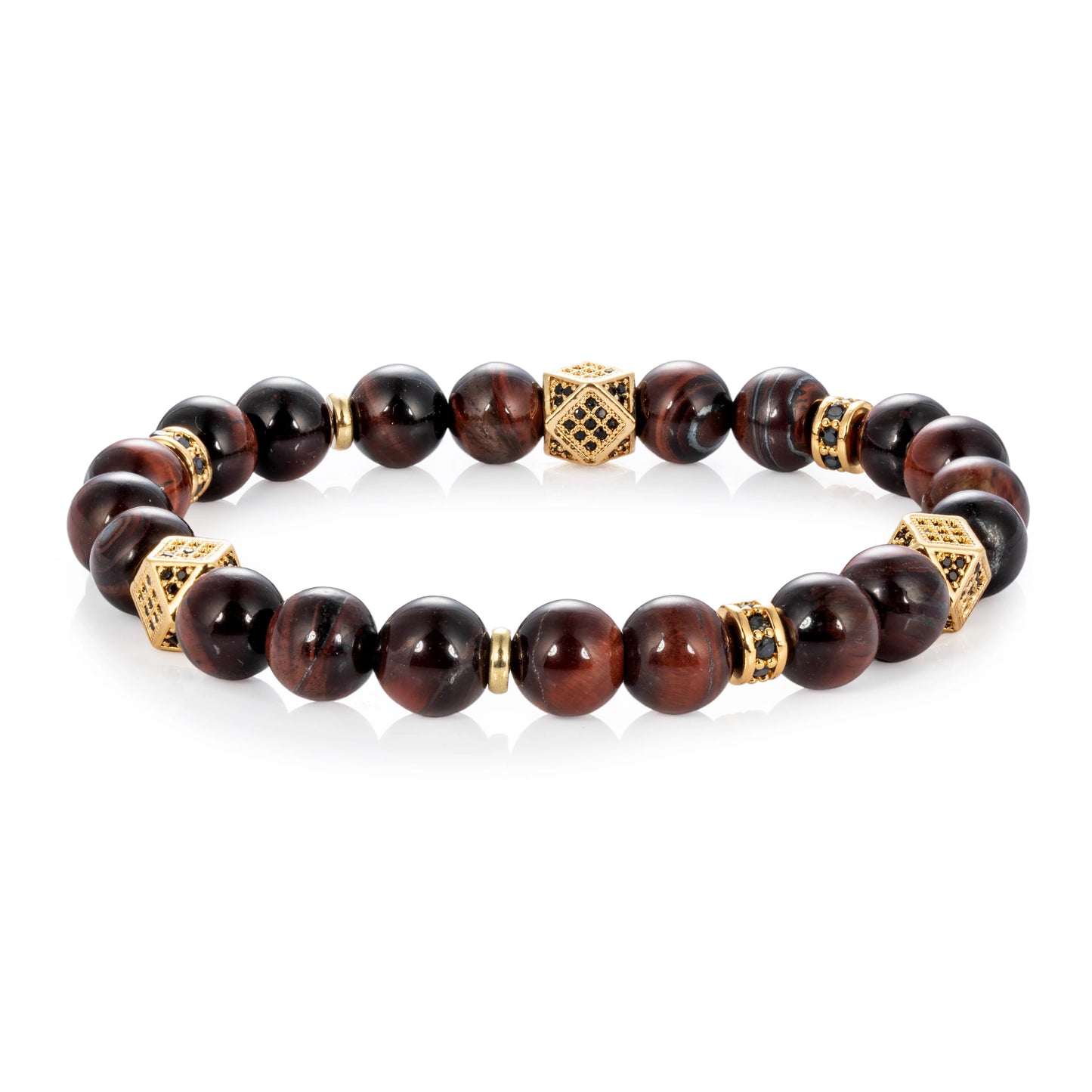 Ajatine red tiger eye natural stone beaded bracelet with gold accents