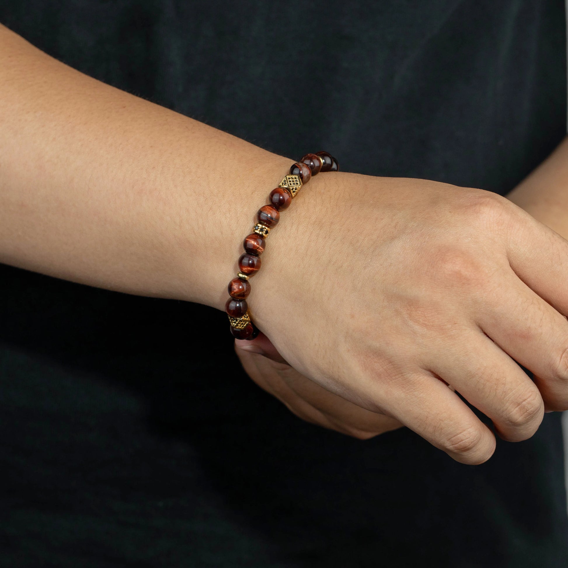 Ajatine red tiger eye natural stone beaded bracelet with gold accents