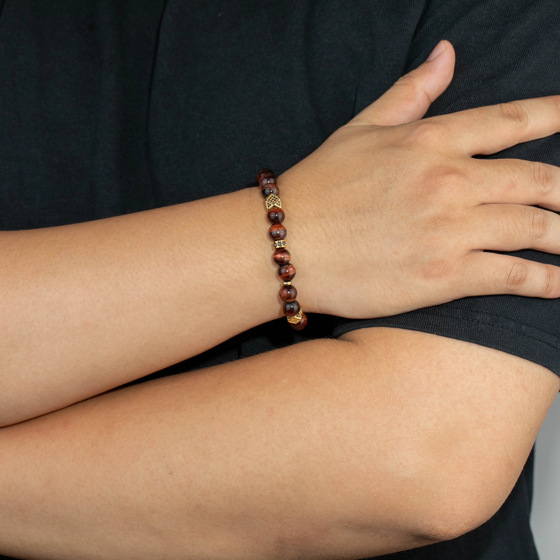Ajatine red tiger eye natural stone beaded bracelet with gold accents
