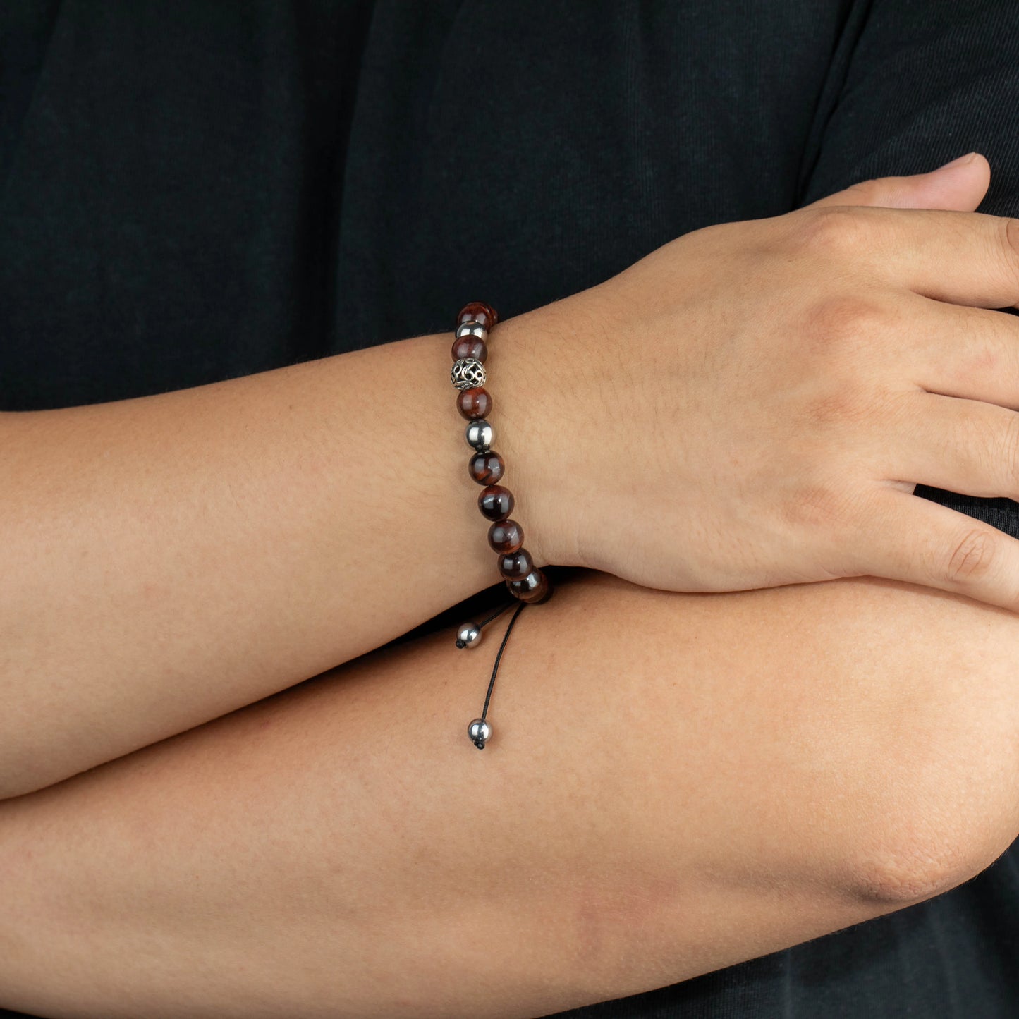 Ajatine red tiger eye stone beaded bracelet, adjustable boho jewelry