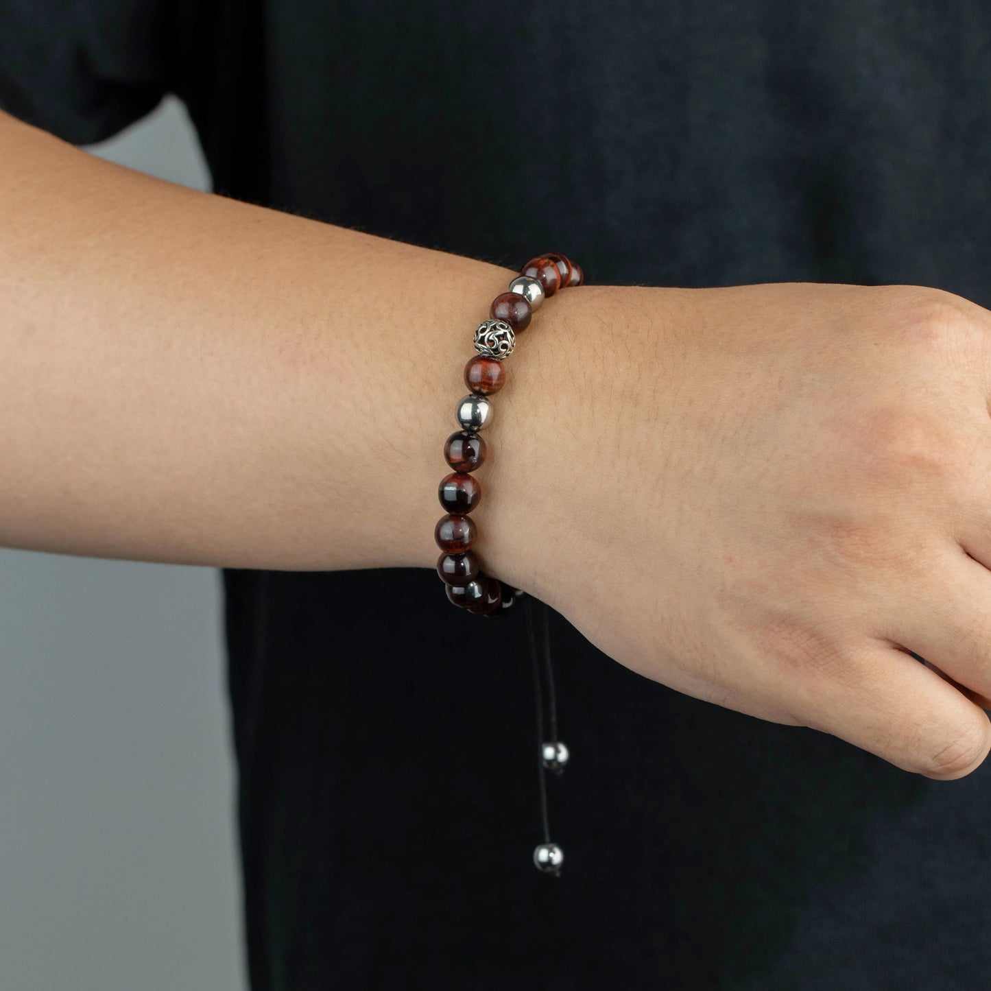 Ajatine red tiger eye stone beaded bracelet, adjustable boho jewelry