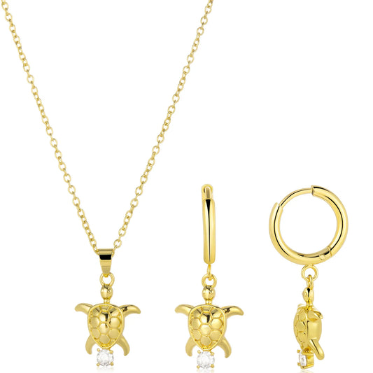 Cute sea turtle jewelry set: dainty pendant necklace and hoop earrings