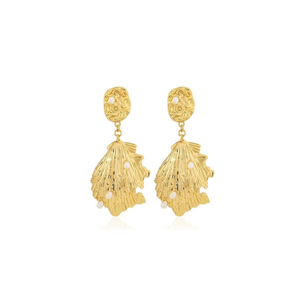 Ajatine gold seashell drop earrings with pearls, ocean-inspired statement jewelry for women