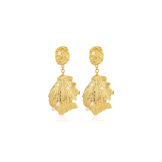 Ajatine gold seashell drop earrings with pearls, ocean-inspired statement jewelry for women