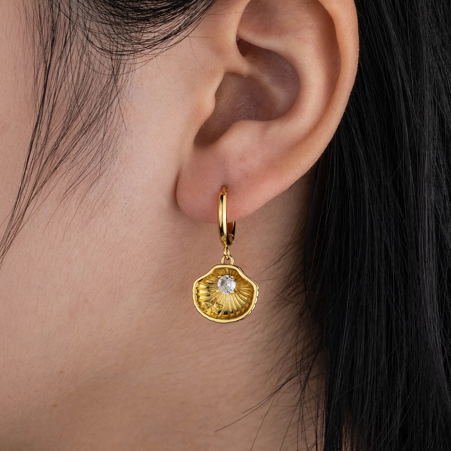 Dainty shell drop earrings with sparkling accent, beach style jewelry accessory