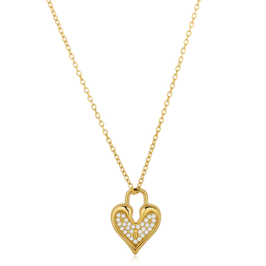 Ajatine stunning heart lock pendant necklace in gold with sparkling cubic zircon accents