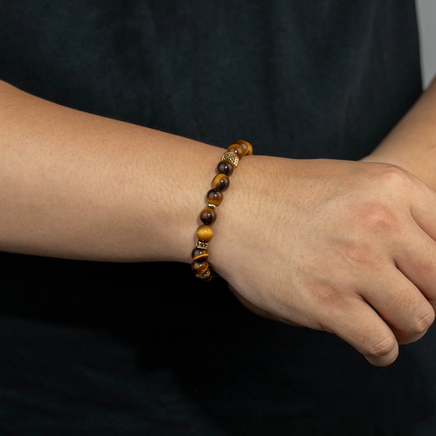 Ajatine tiger eye natural stone beaded bracelet with gold accents