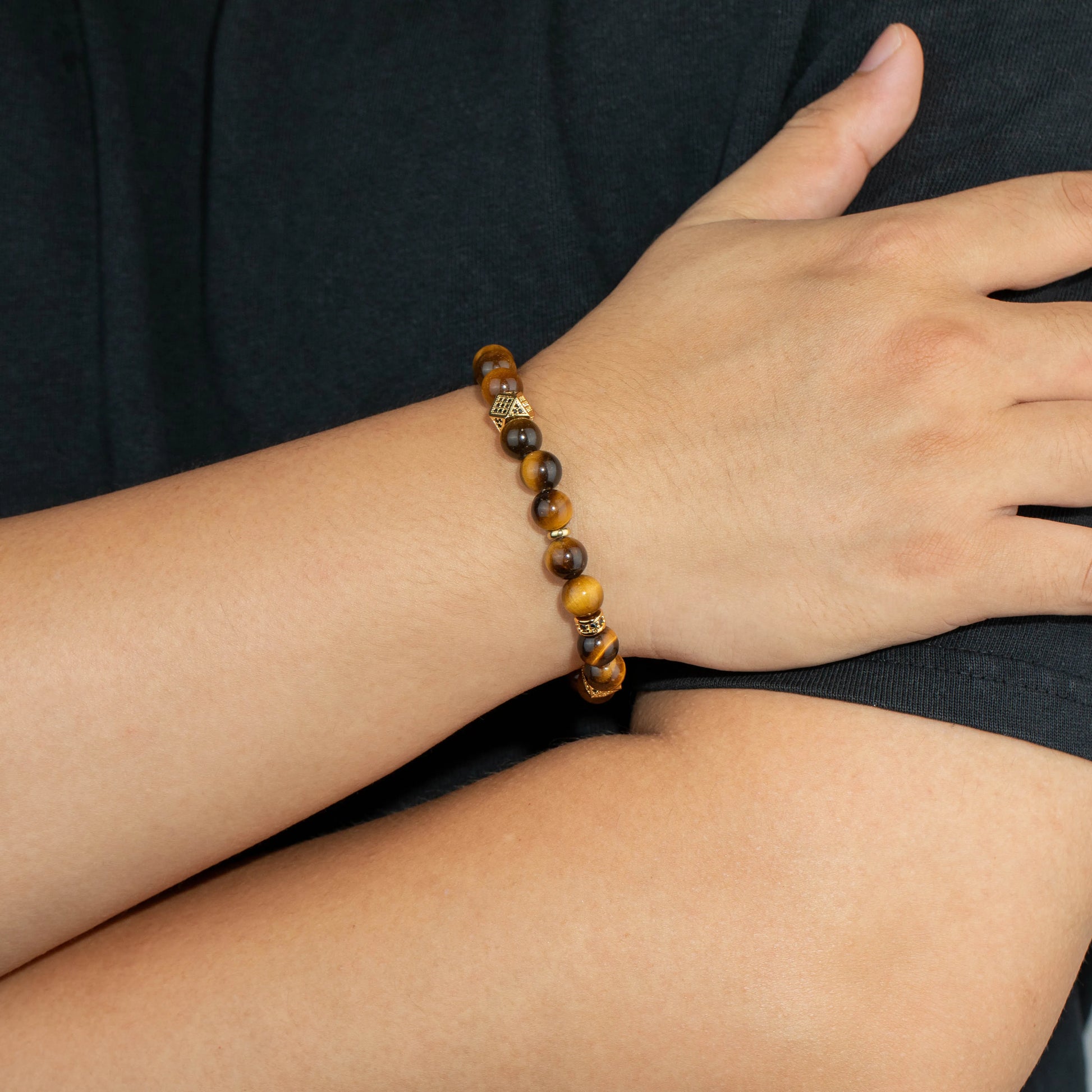 Ajatine tiger eye natural stone beaded bracelet with gold accents