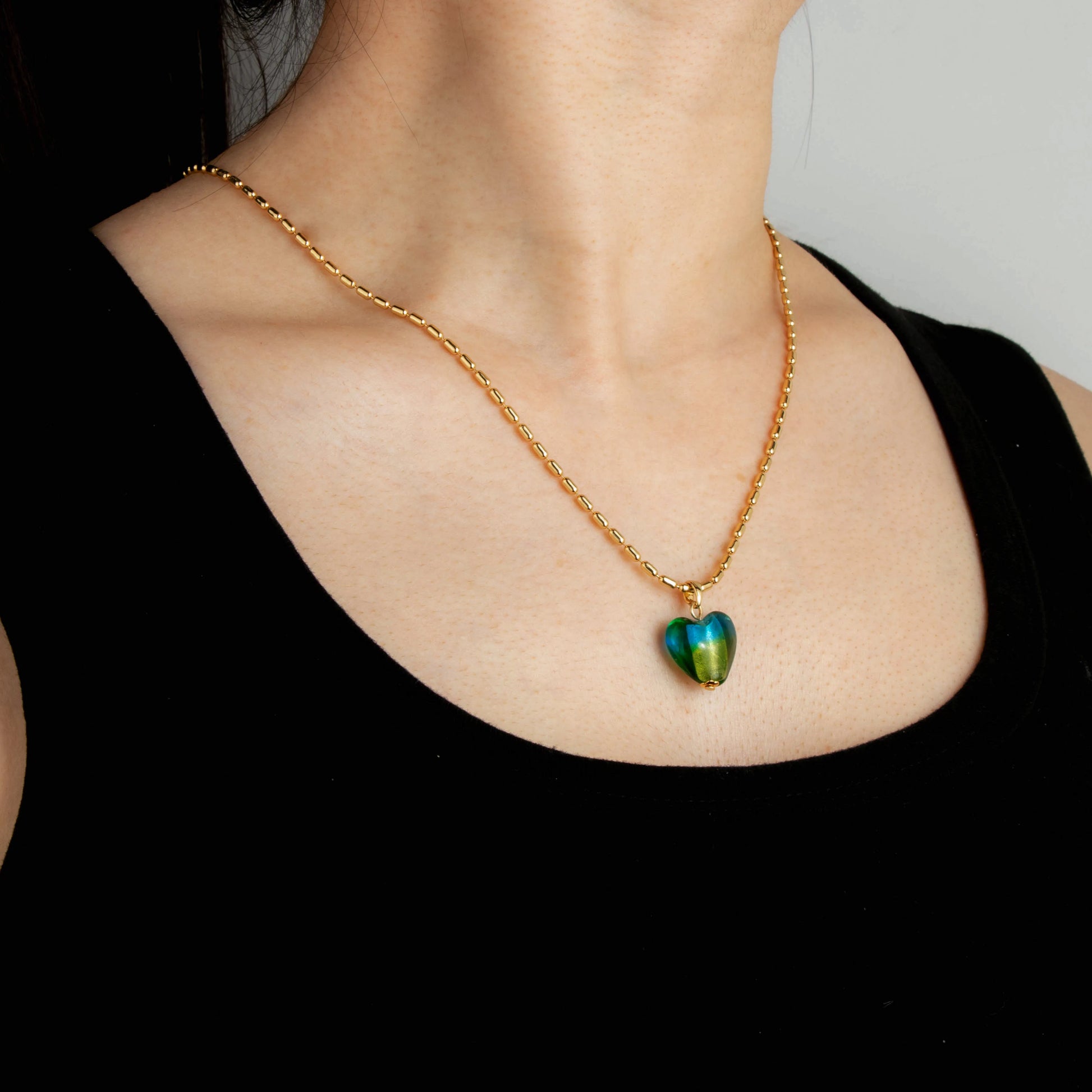 Ajatine green heart shaped gold chain necklace, trendy statement jewelry