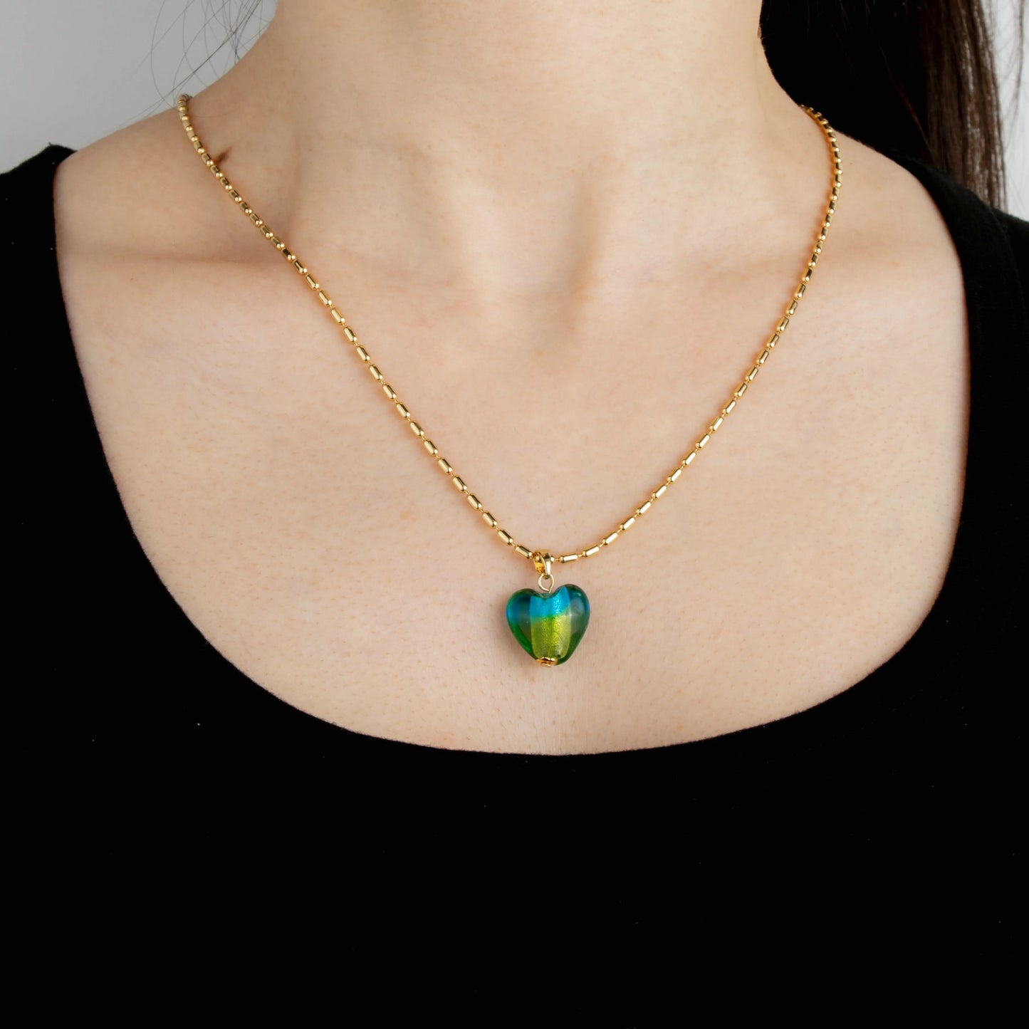 Ajatine green heart shaped gold chain necklace, trendy statement jewelry