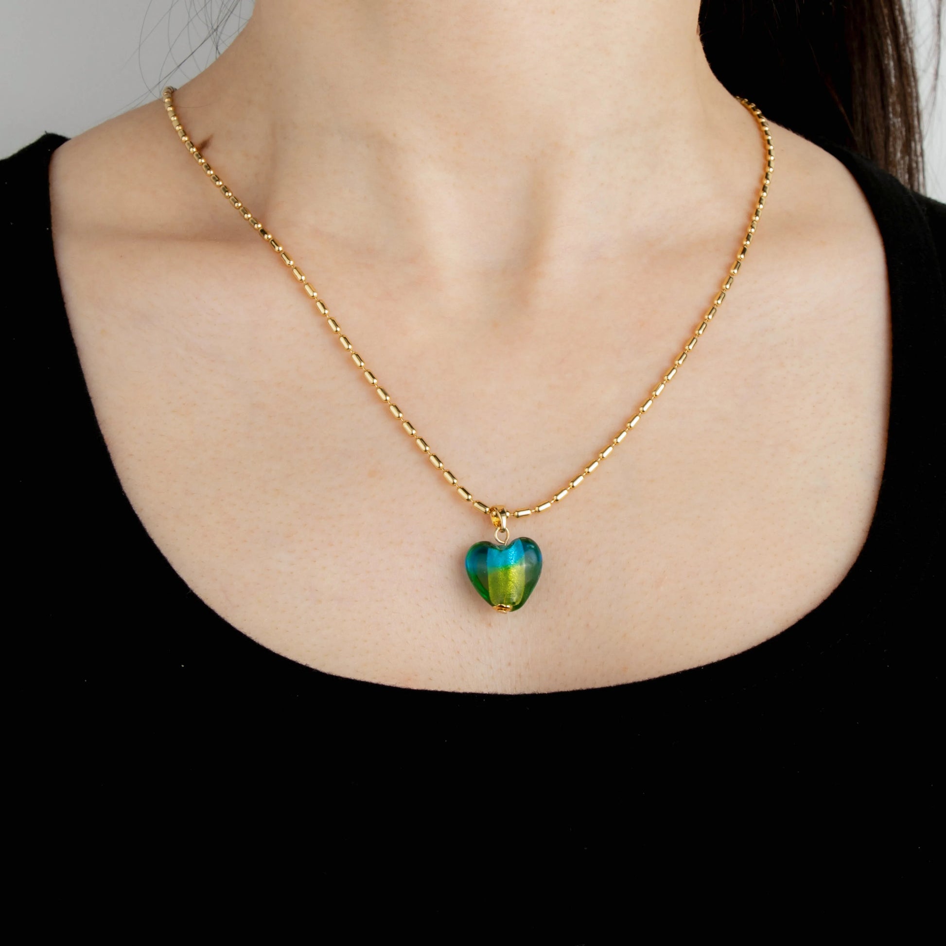 Ajatine green heart shaped gold chain necklace, trendy statement jewelry
