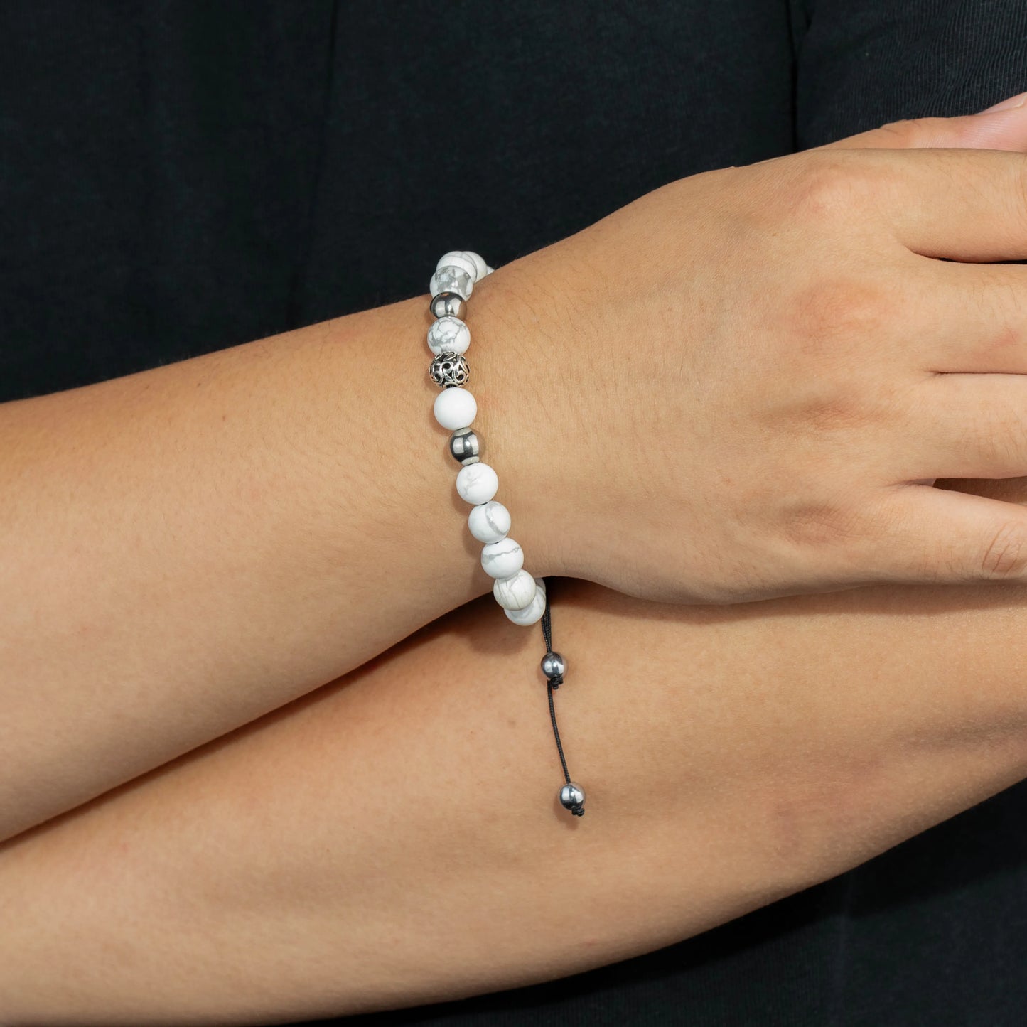 Ajatine white stone beaded bracelet, adjustable boho jewelry