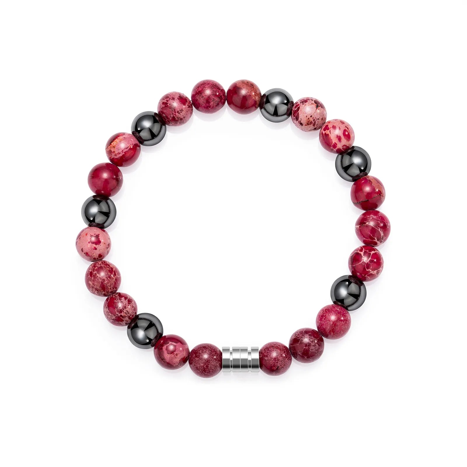 Bead bracelet with red and black stones, stainless steel clasp, fashionable accessory.