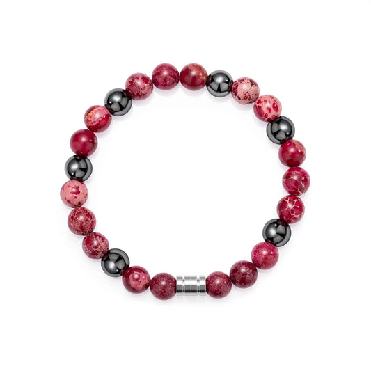 Bead bracelet with red and black stones, stainless steel clasp, fashionable accessory.