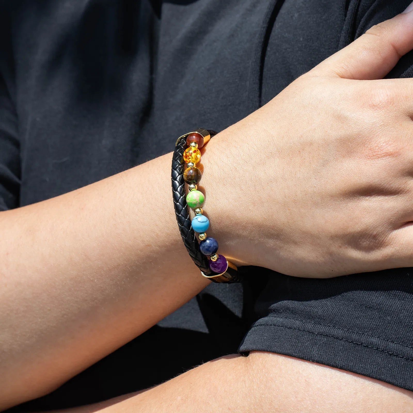Beaded Bracelet  7 Color Beads Natural Stone Leather Bracelet for Men