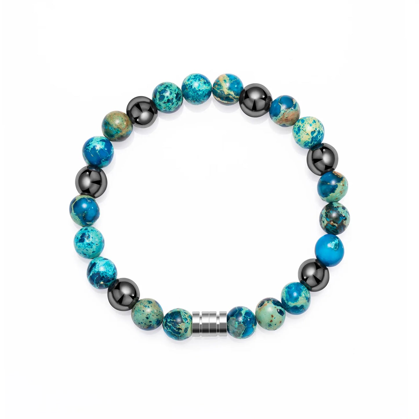 Beaded bracelet with blue stones, black beads and stainless steel clasp.