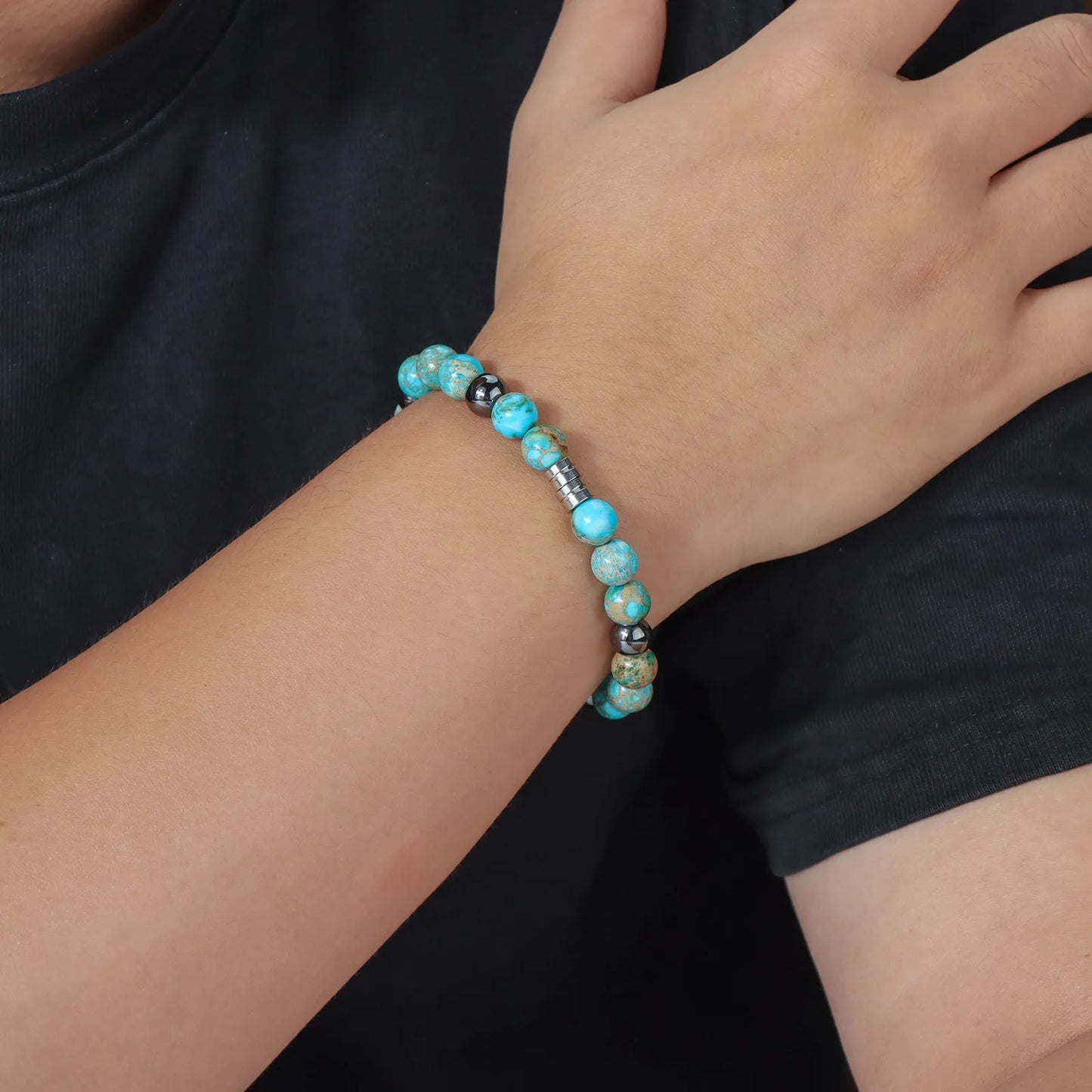 Bead bracelet with colorful stones and stainless steel detail, showcasing stylish design for daily wear.