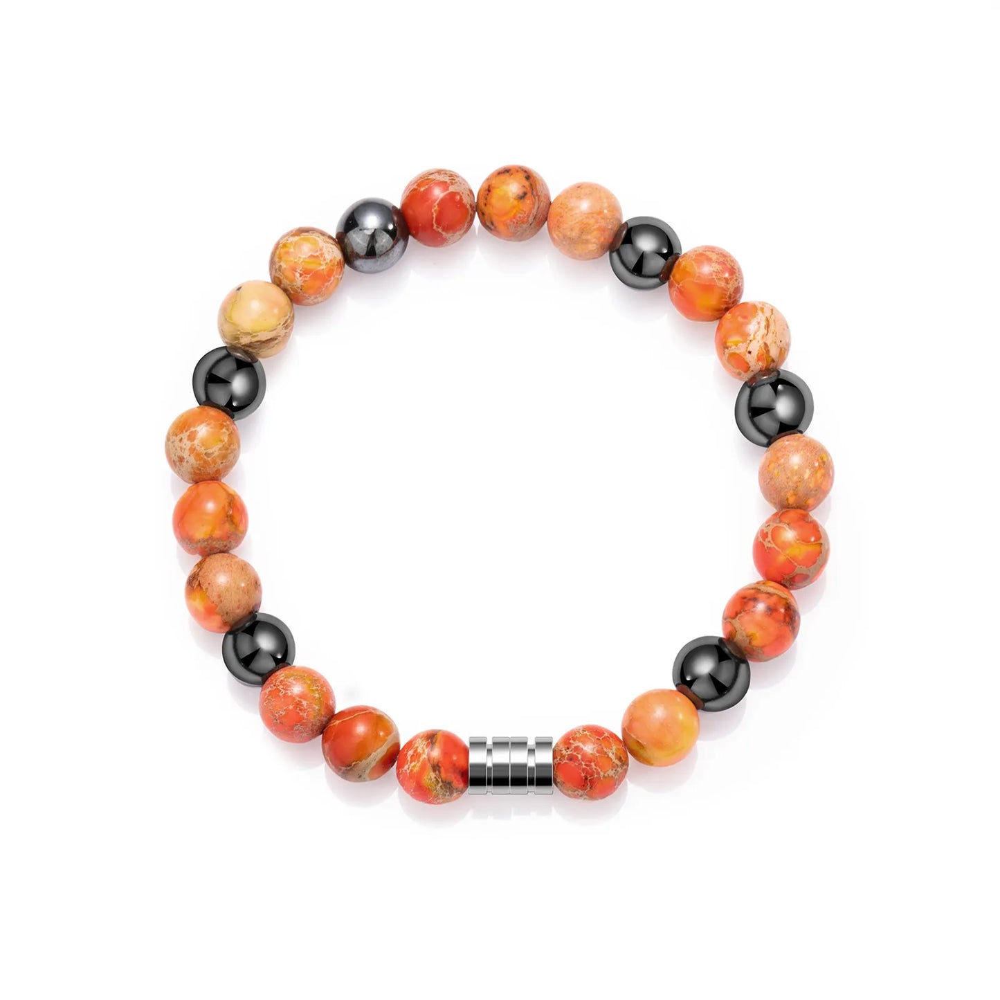Bead bracelet with colorful stones and black beads, showcasing the design and details.