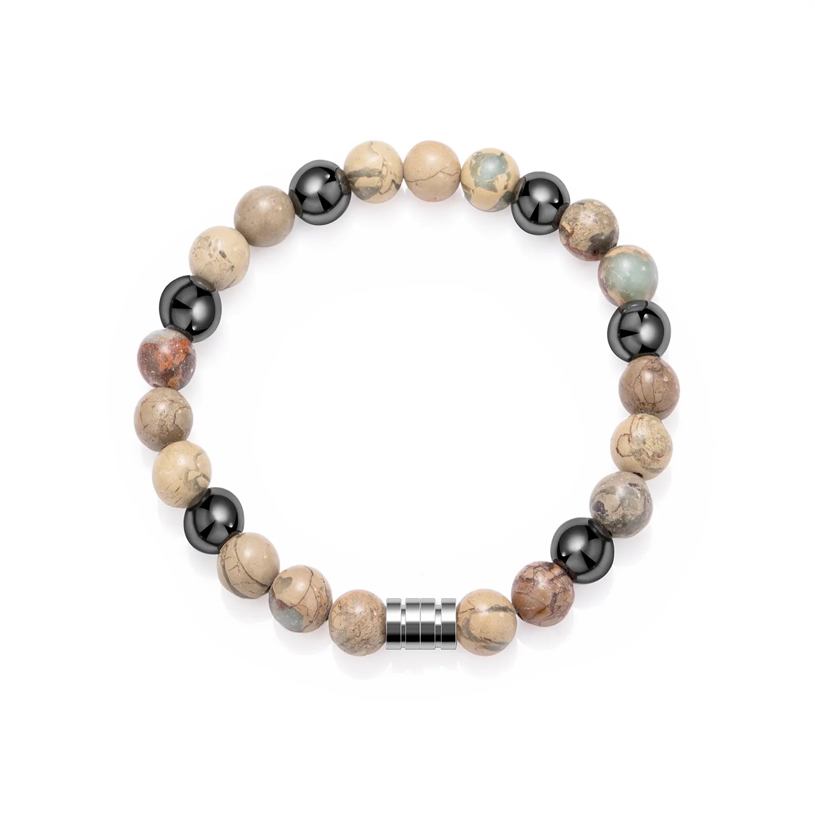 Beaded bracelet with mixed - color stones and stainless - steel detail, showcasing stylish design for men and women.