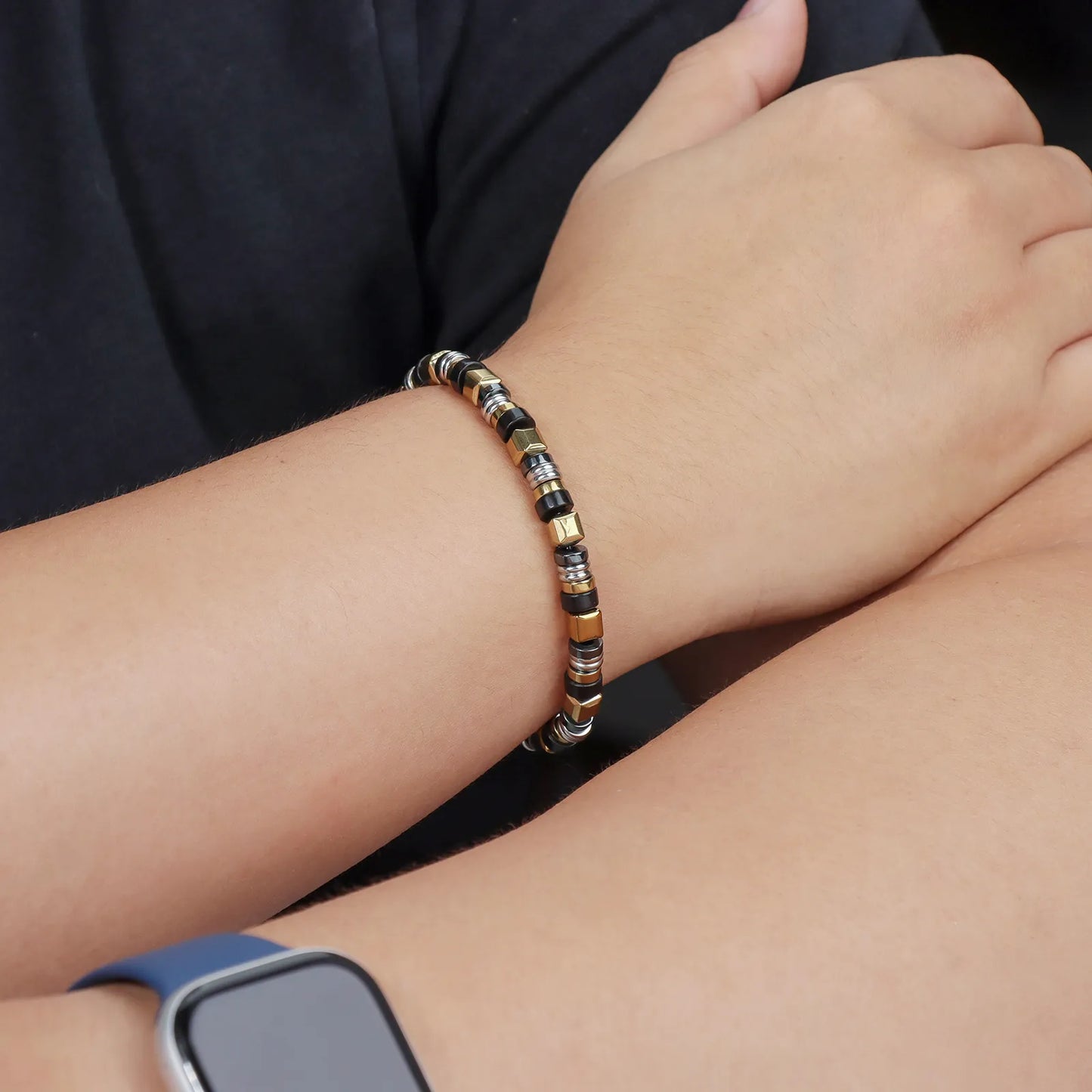 Ajatine men's beaded bracelet with black gold stainless steel design