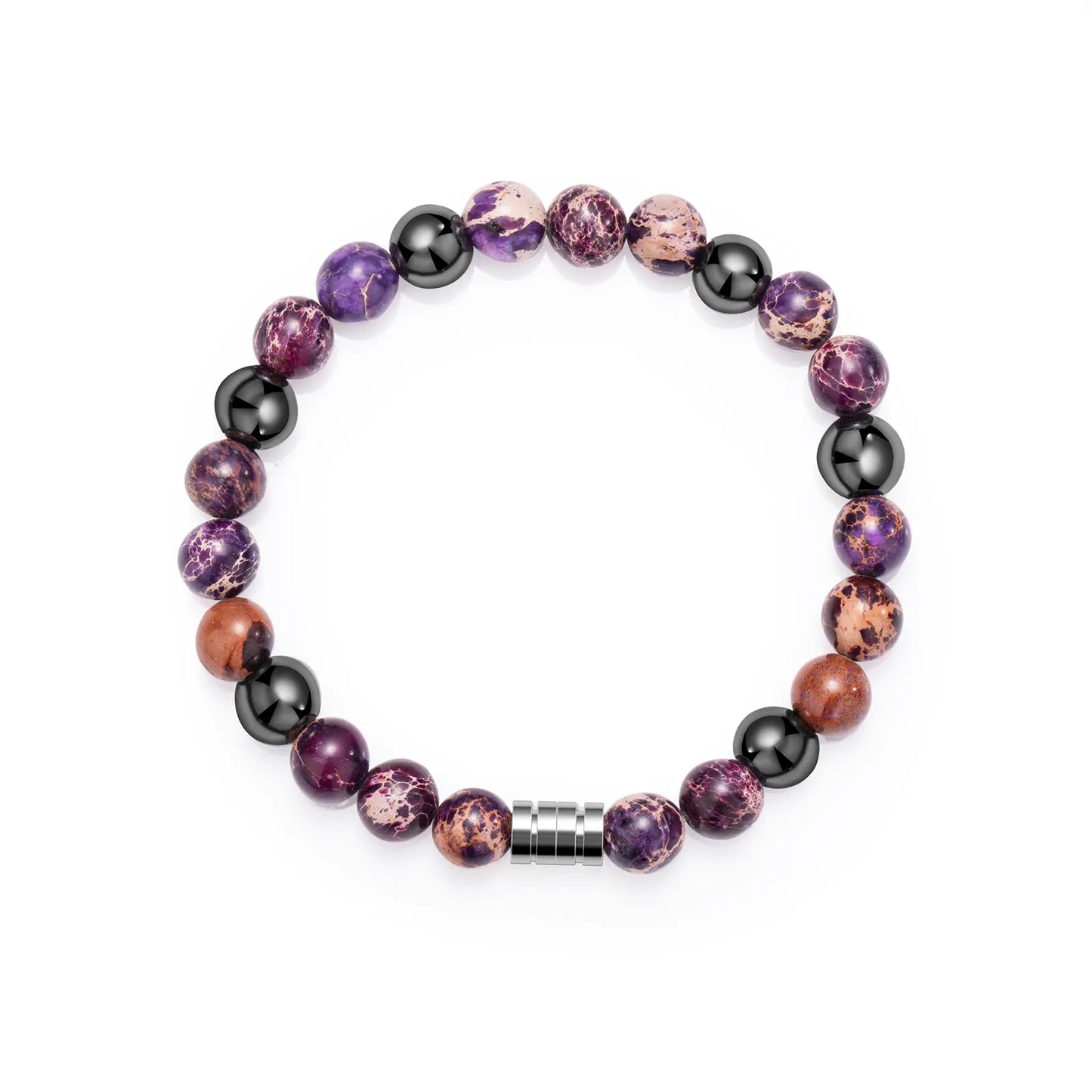 Beaded bracelet with hematite stones and stainless steel, showcasing stylish design for daily wear.