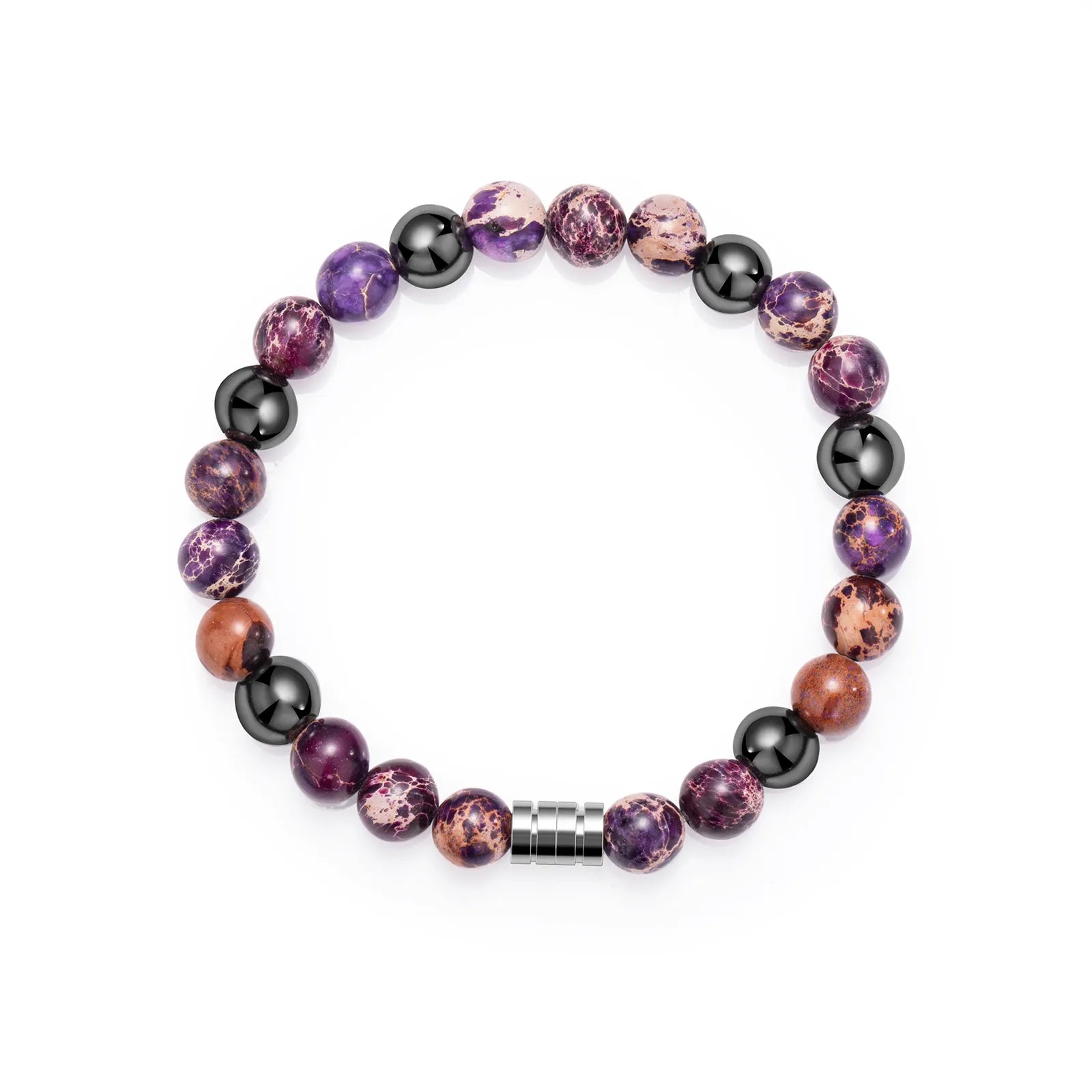 Beaded bracelet with hematite stones and stainless steel, showcasing stylish design for daily wear.