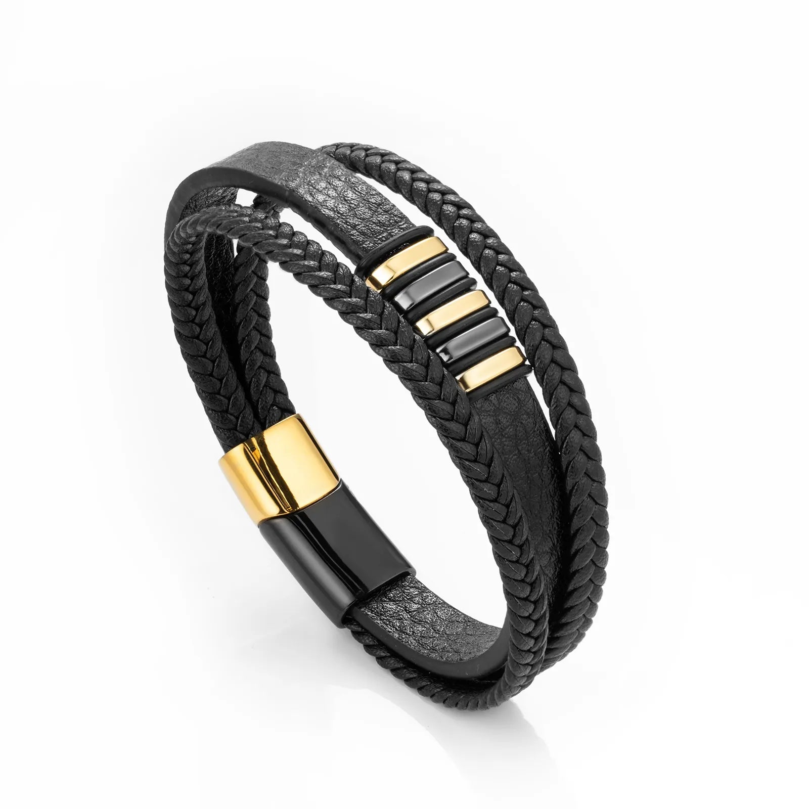 Black Braided Leather Bracelet with Multi Layered for Men