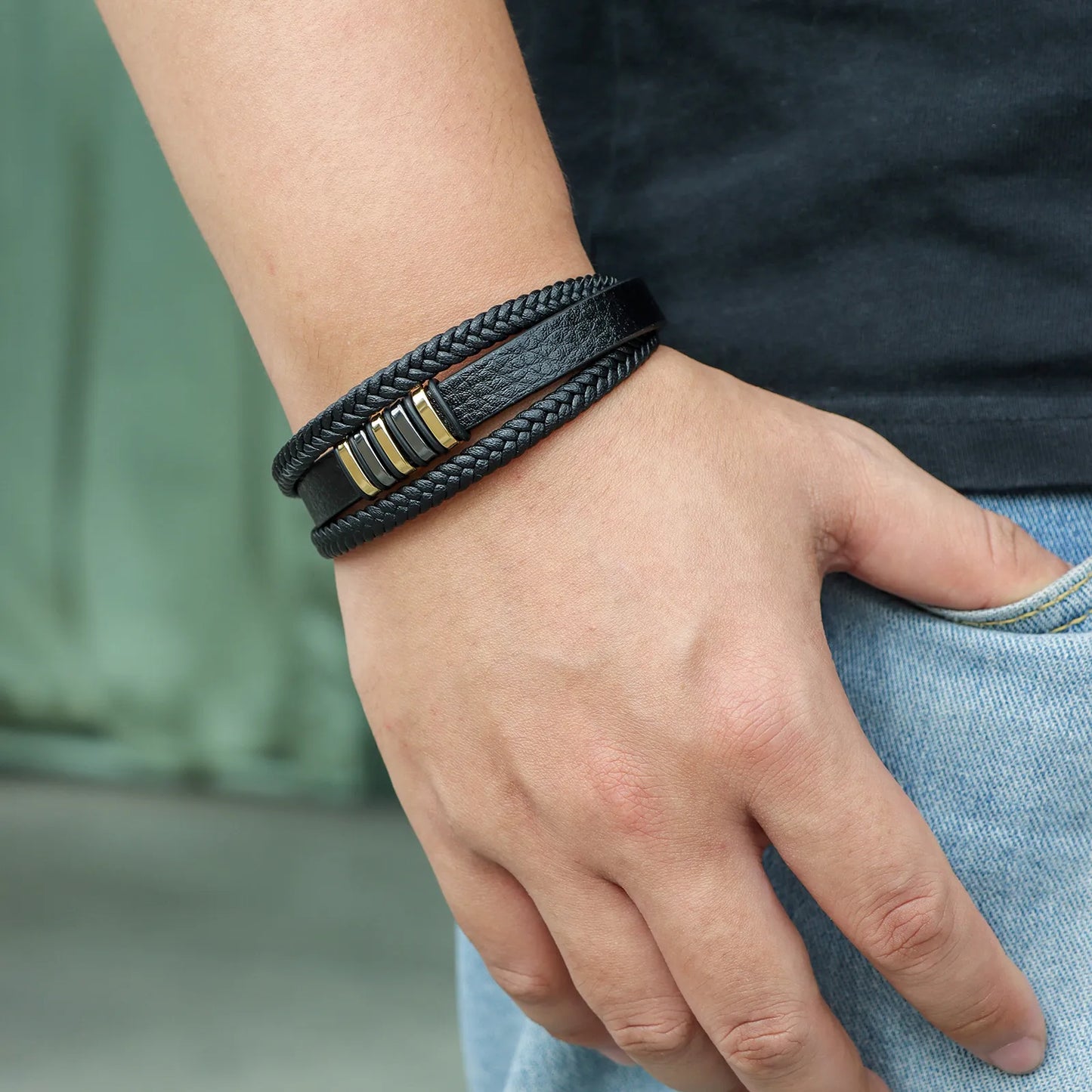 Black Braided Leather Bracelet with Multi Layered for Men