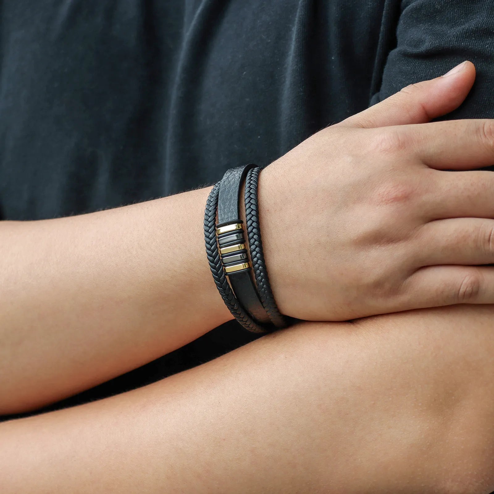 Black Braided Leather Bracelet with Multi Layered for Men