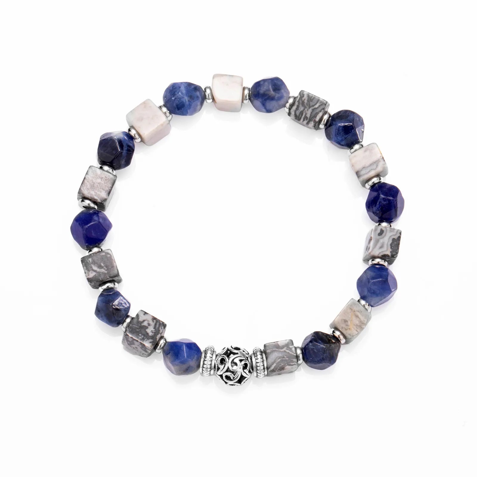 Blue gray stone beaded bracelet with intricately designed silver accents.