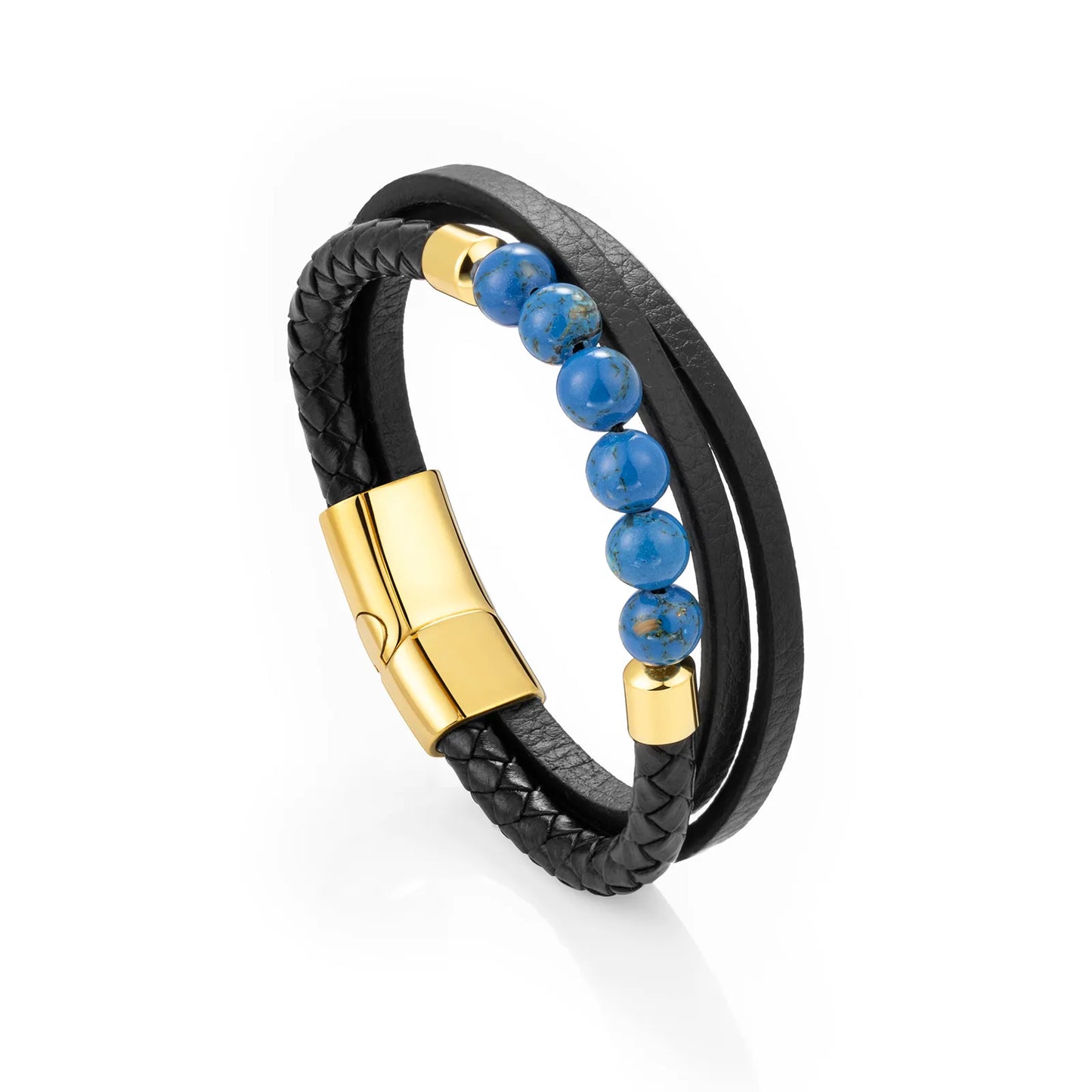 Blue Stone Bracelet with Black Leather for Men