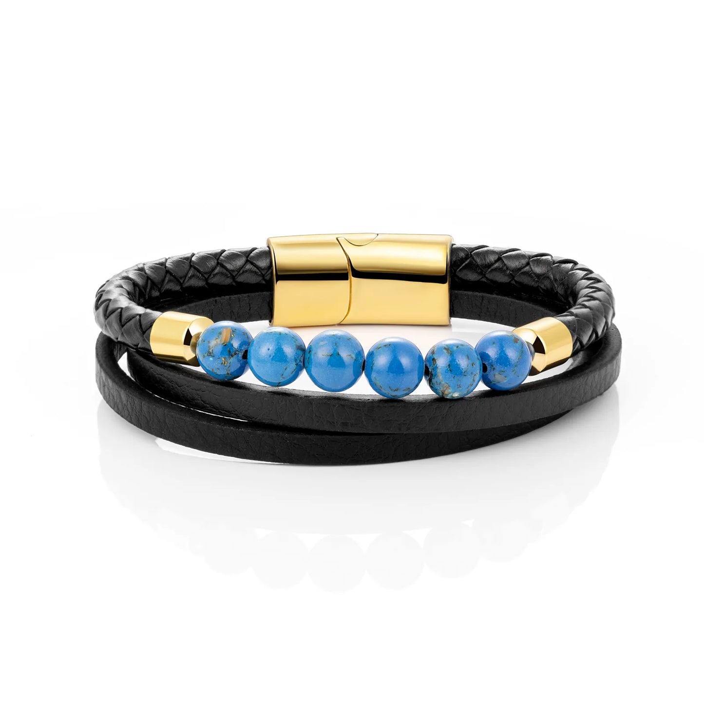 Blue Stone Bracelet with Black Leather for Men