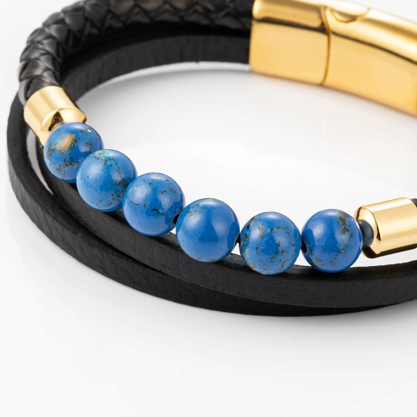 Blue Stone Bracelet with Black Leather for Men
