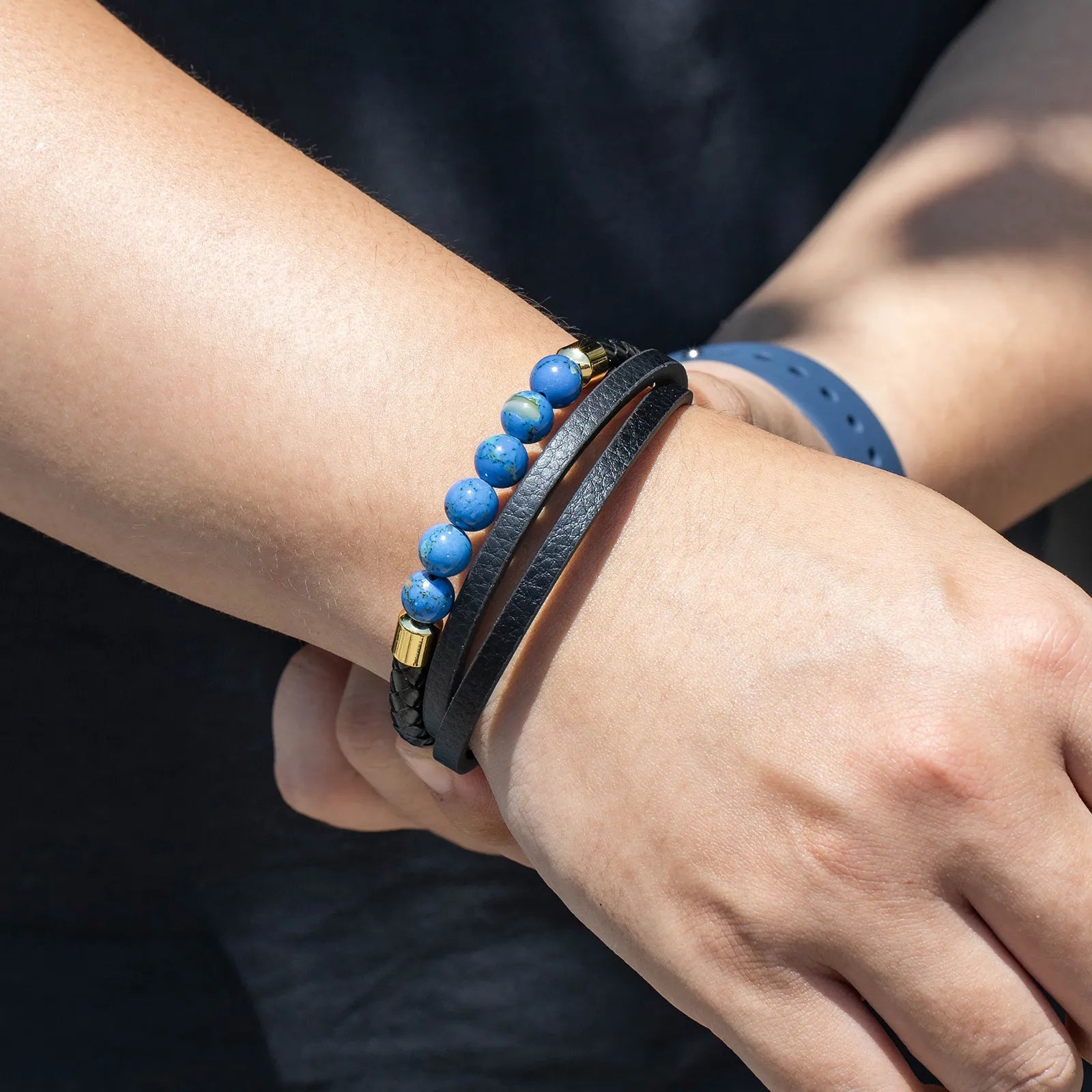 Blue Stone Bracelet with Black Leather for Men
