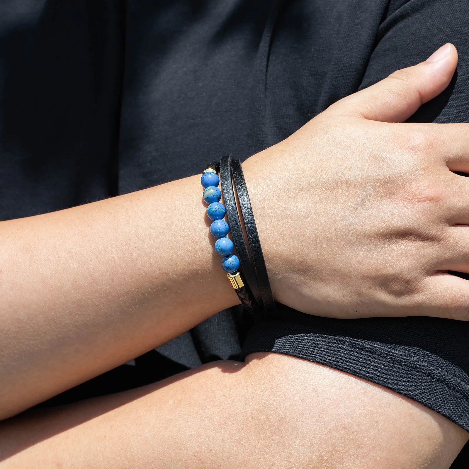 Blue Stone Bracelet with Black Leather for Men