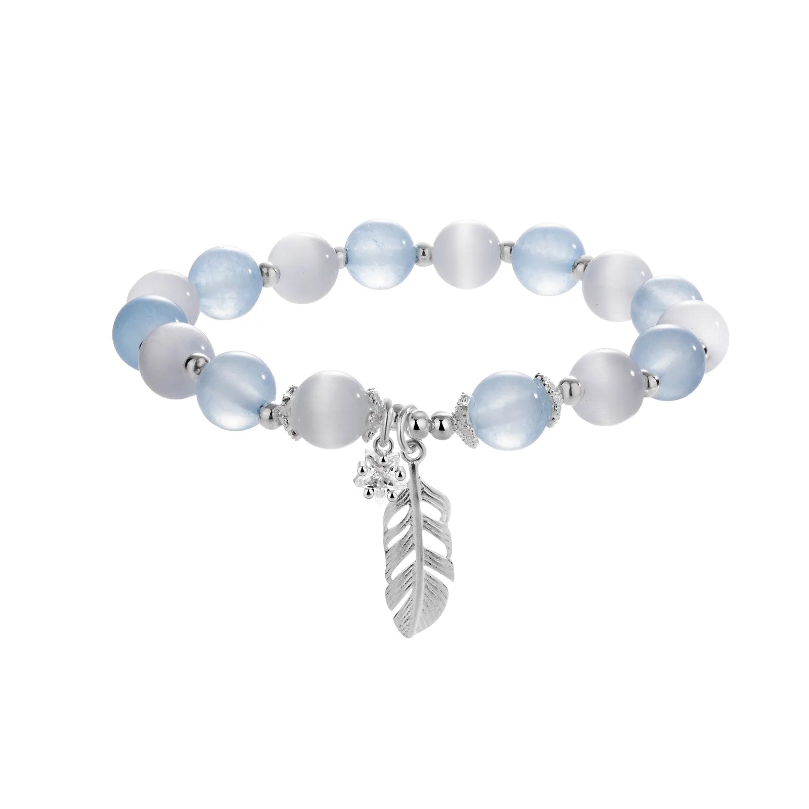 Beaded bracelet with blue and white stones and star feather charm.