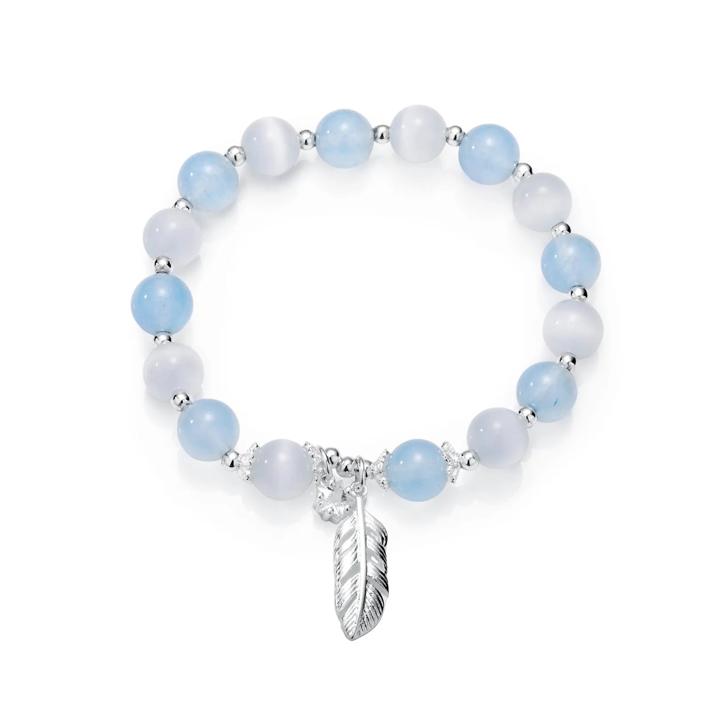 Beaded bracelet with blue and white stones and star feather charm.