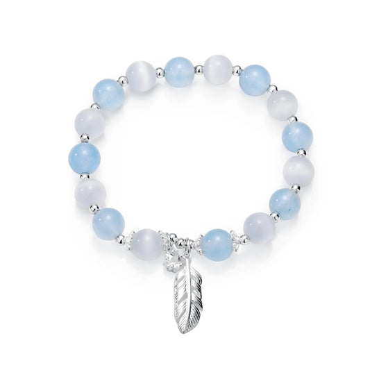 Beaded bracelet with blue and white stones and star feather charm.