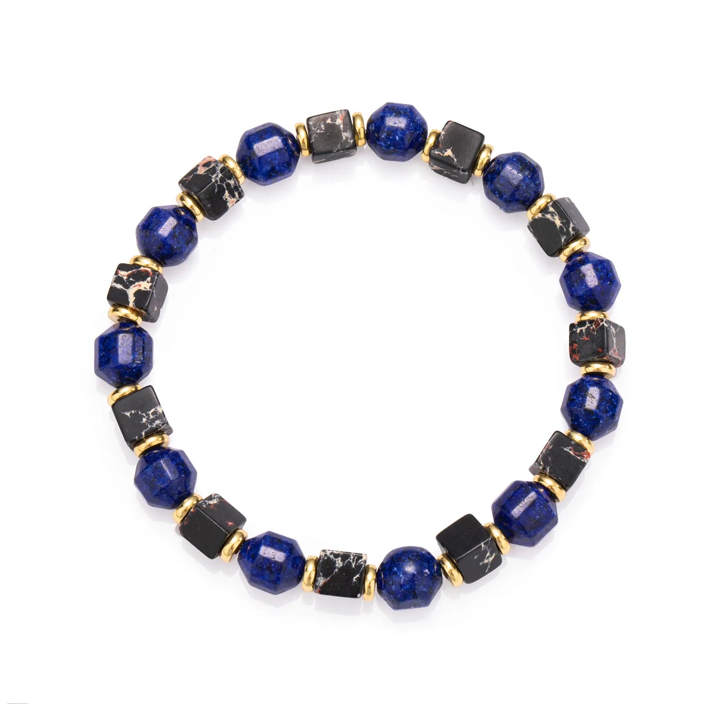 Stylish bracelet made of blue and black stone beads with gold - toned accents.