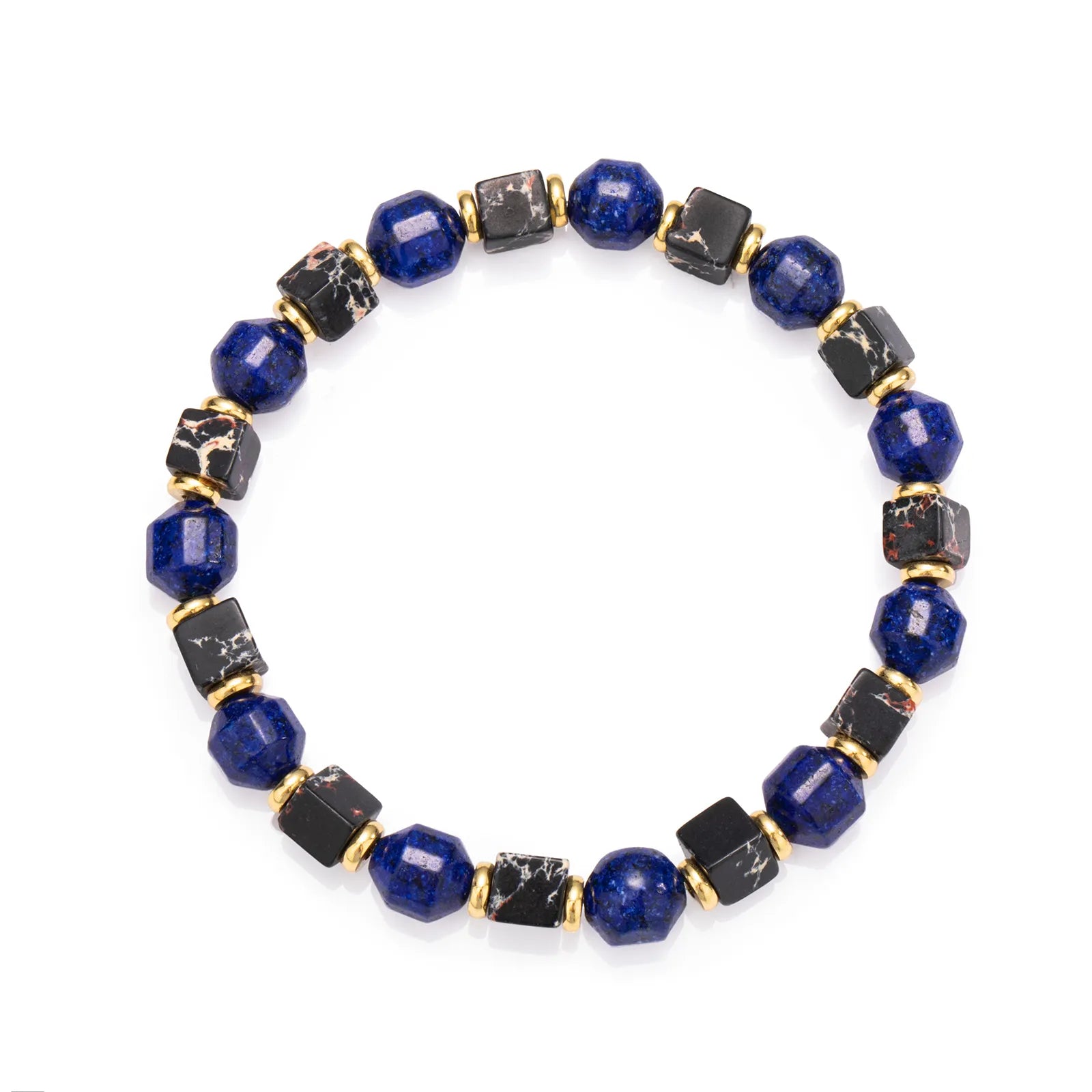 Stylish bracelet made of blue and black stone beads with gold - toned accents.