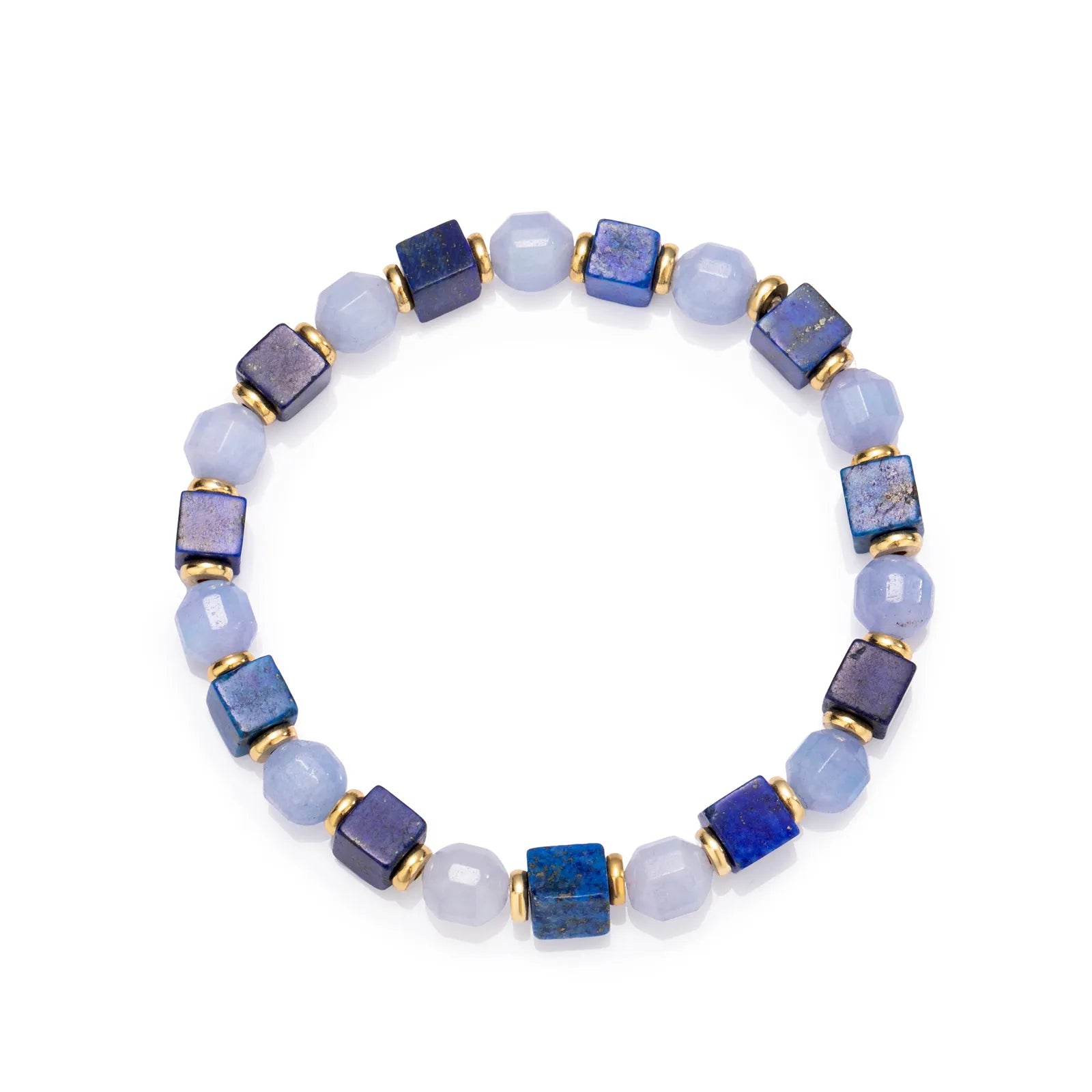 A beaded bracelet made of blue and light blue stone beads with gold accents.