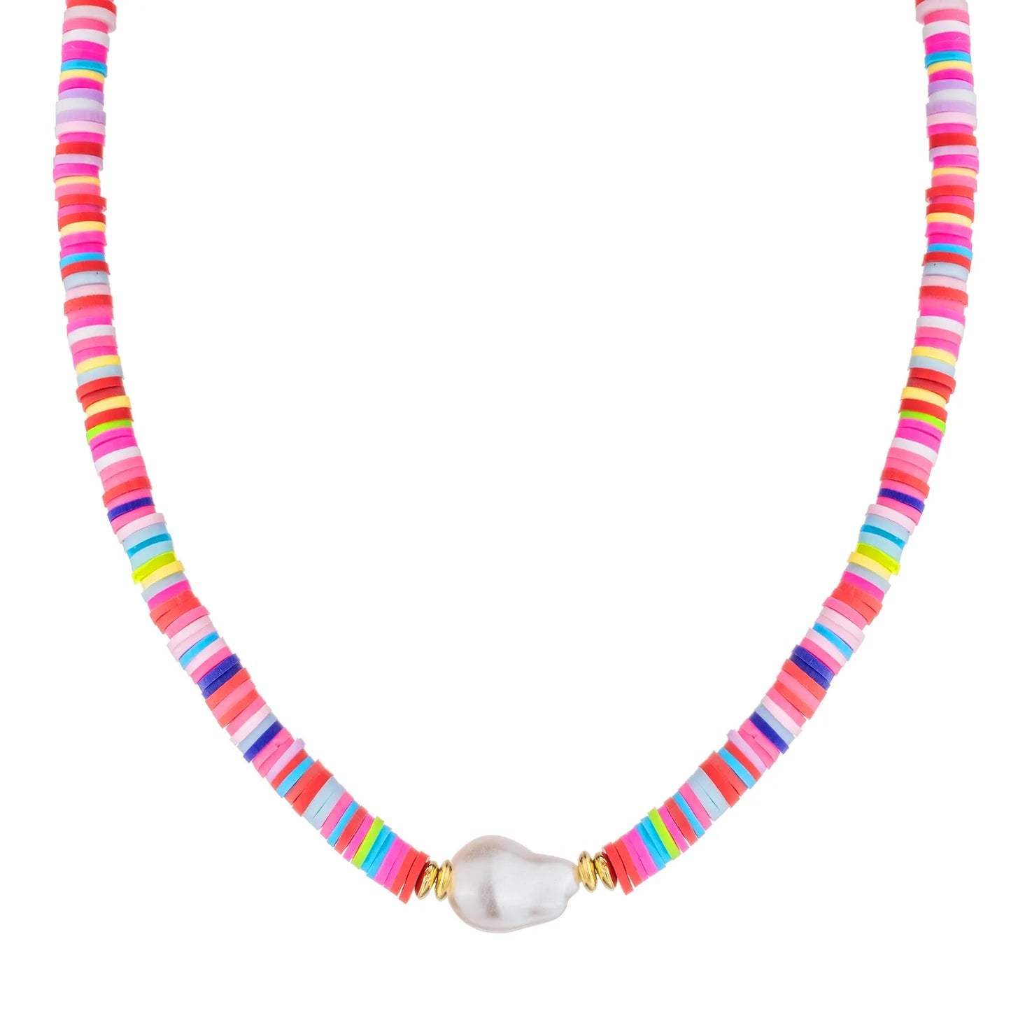 Colorful beaded necklace with pearl, bohemian summer jewelry.