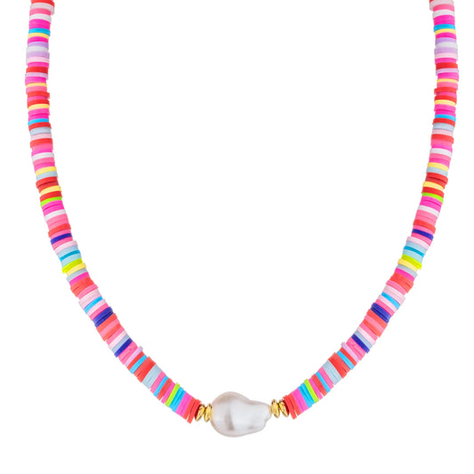 Colorful beaded necklace with pearl, bohemian summer jewelry.