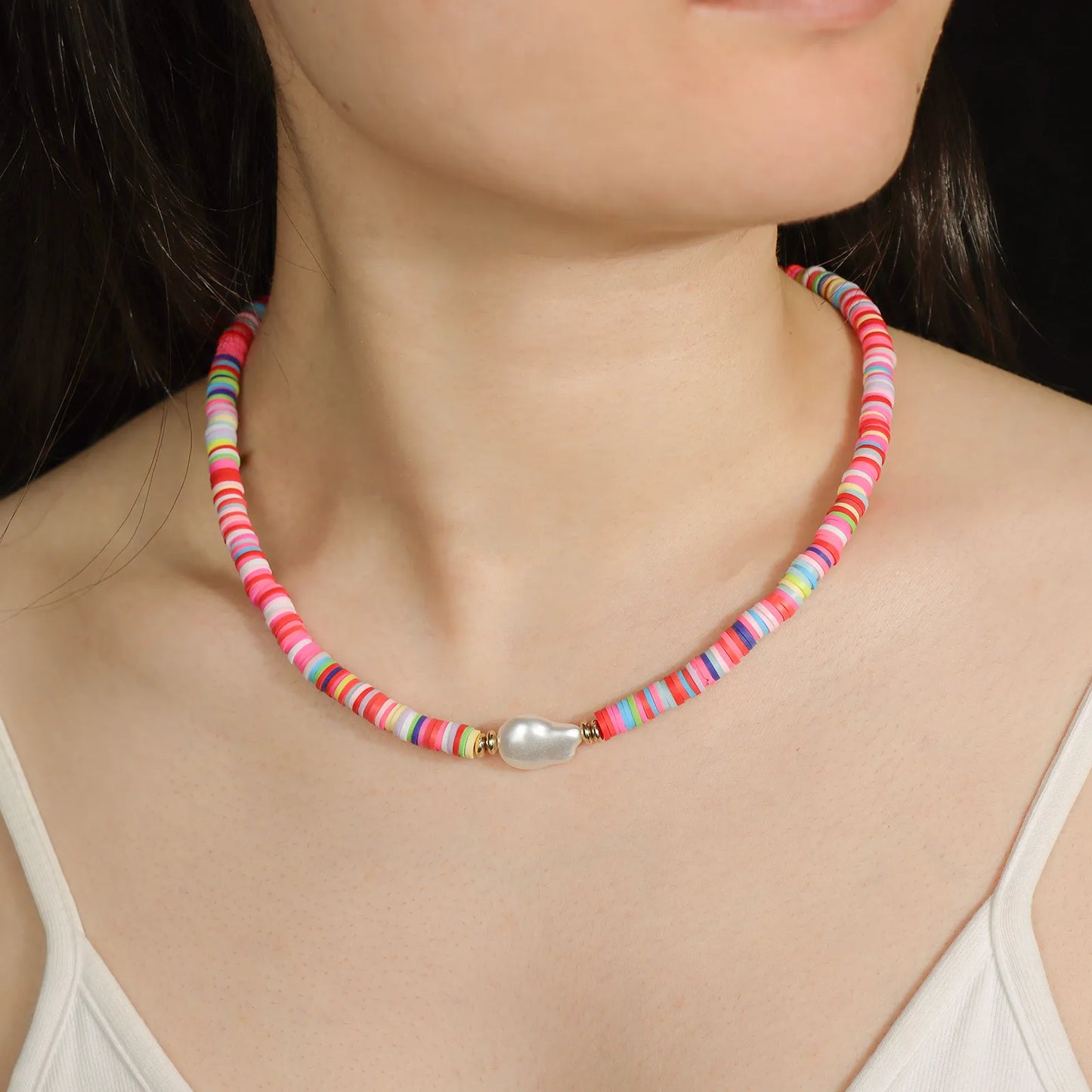 Colorful beaded necklace with pearl, bohemian summer jewelry.