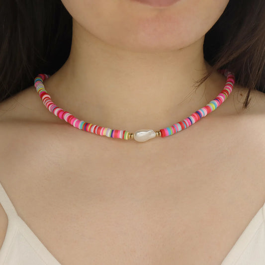 Colorful beaded necklace with pearl, bohemian summer jewelry.